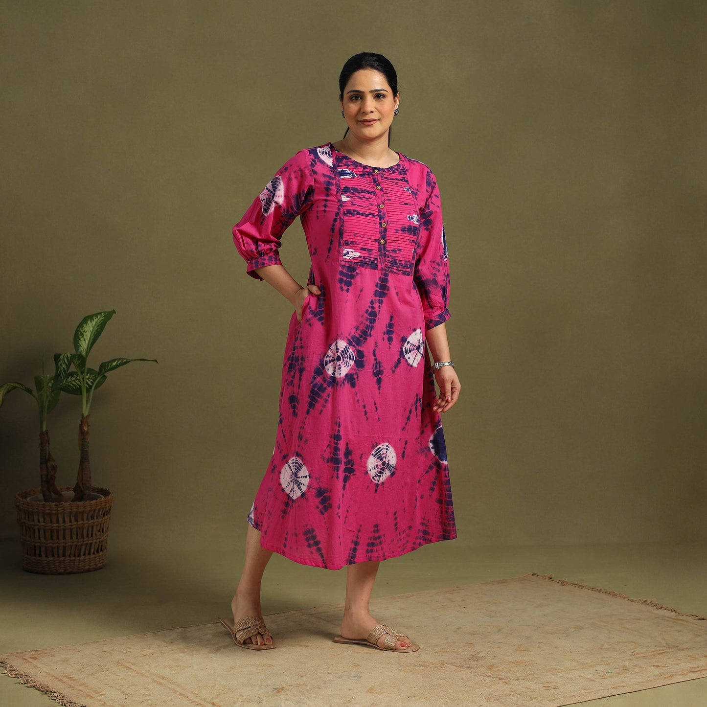 Pink Tie-Dye Cotton Pintuck Shibori Dress