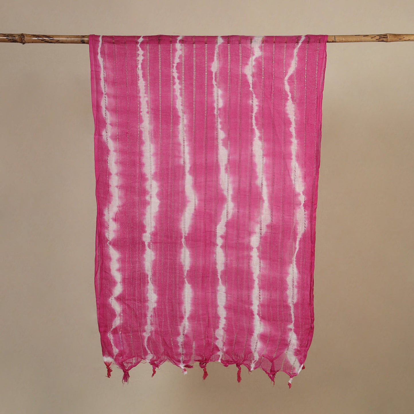 Pink - tie-dye cotton shibori stole with tassels 02