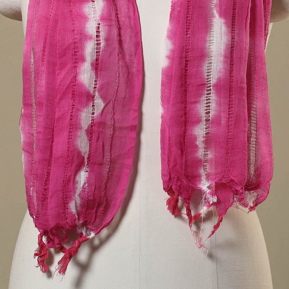 Pink - tie-dye cotton shibori stole with tassels 02