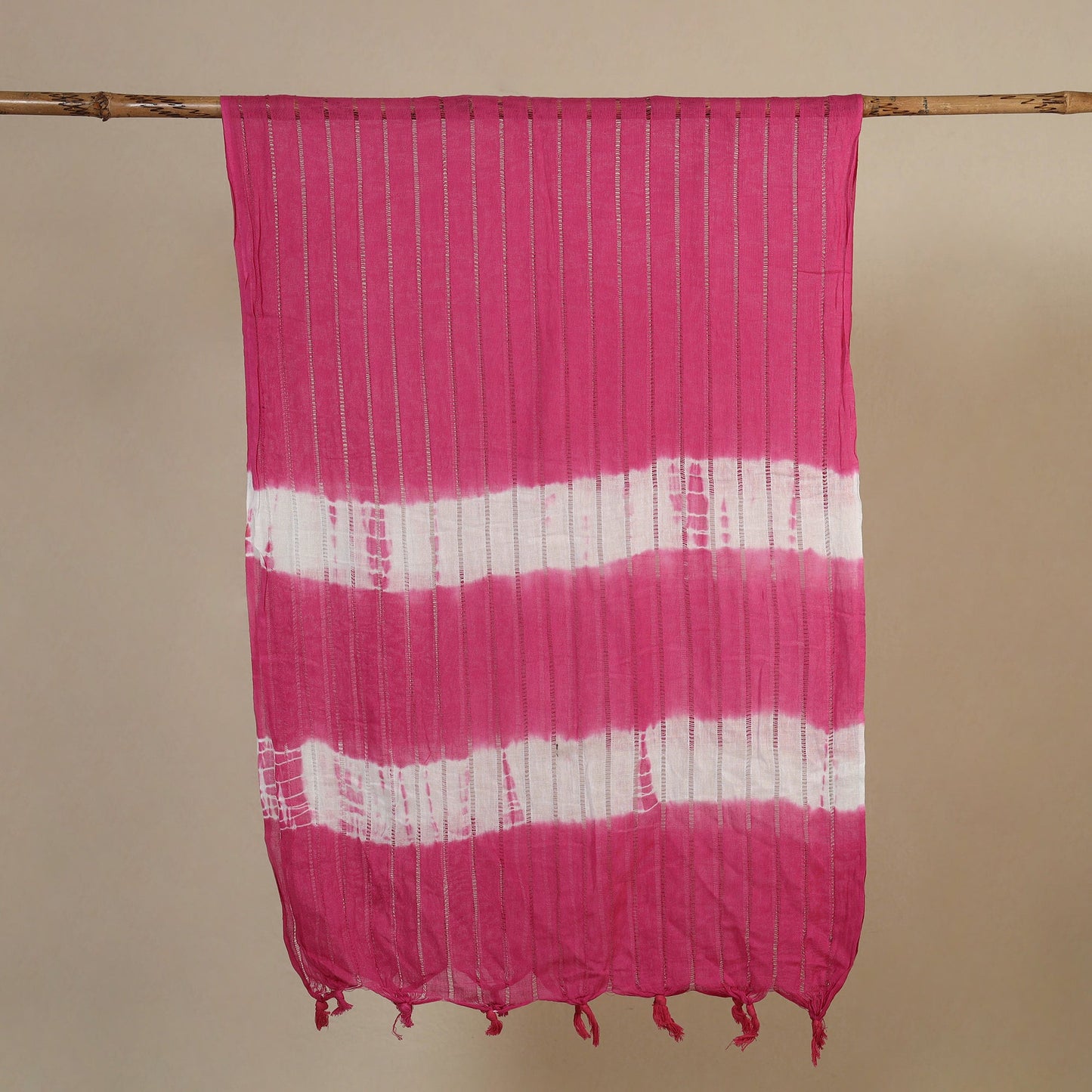 Pink Tie-Dye Cotton Shibori Stole with Tassels