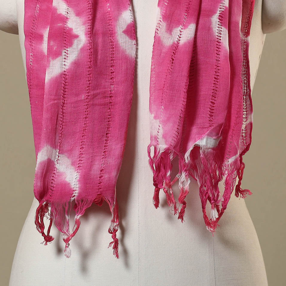 Pink - tie-dye cotton shibori stole with tassels 05