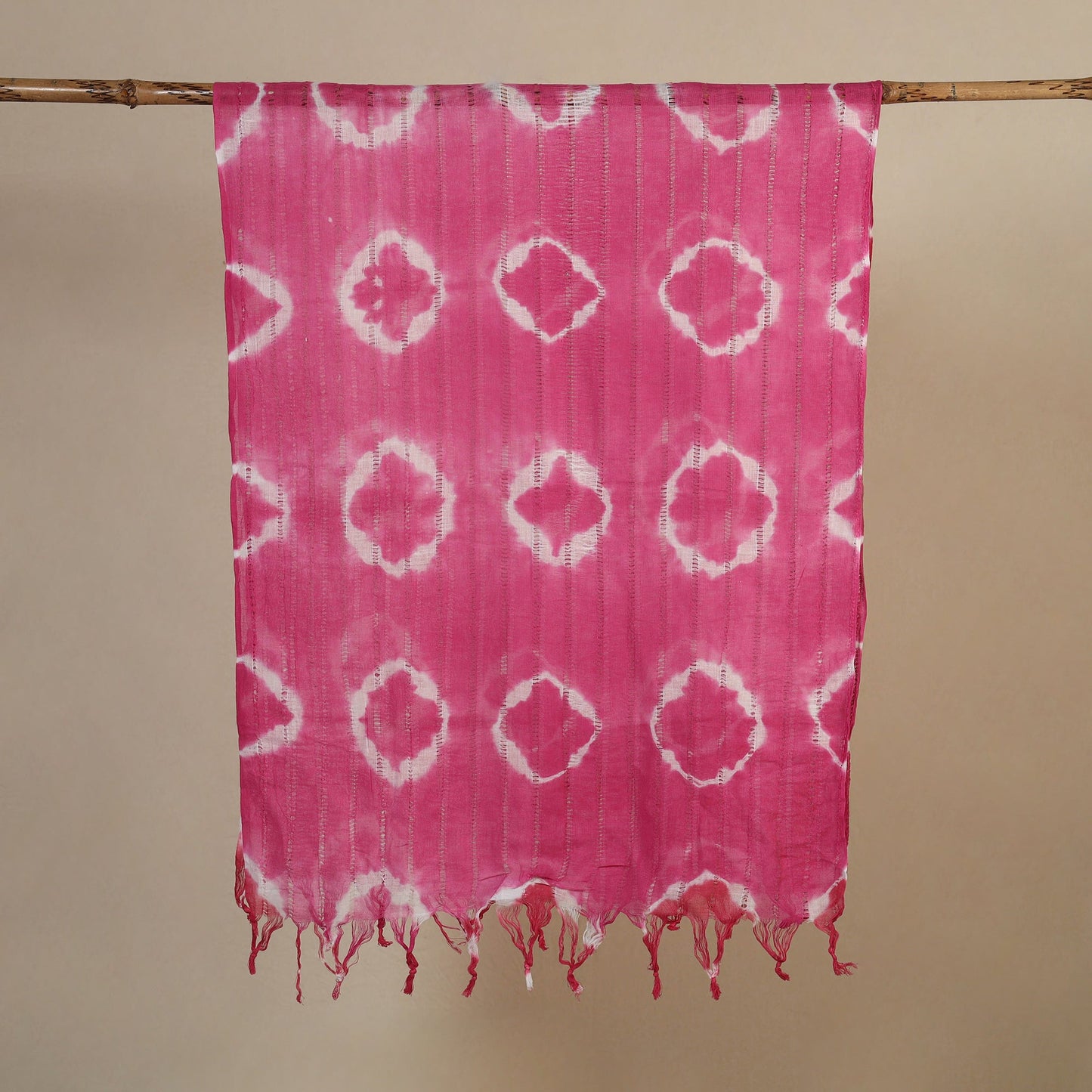 Pink - tie-dye cotton shibori stole with tassels 05