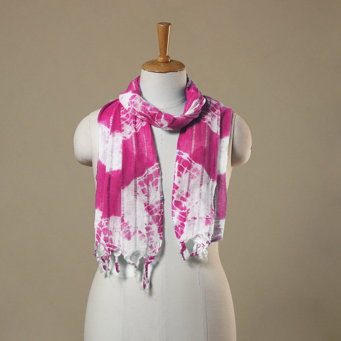 Pink Tie-Dye Cotton Shibori Stole with Tassels