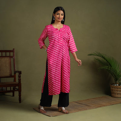 Buy Pink Tie-Dye Cotton Straight Leheriya Kurta