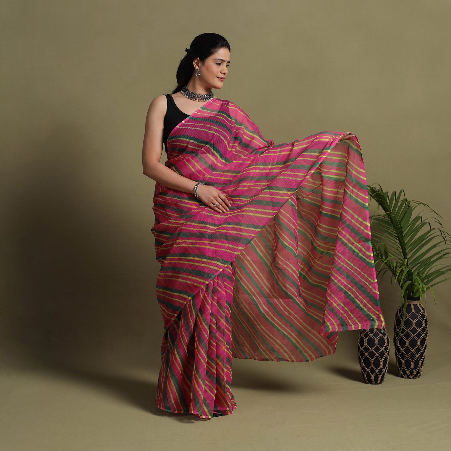  Pink Tie-Dye Kota Doria Cotton Leheriya Saree