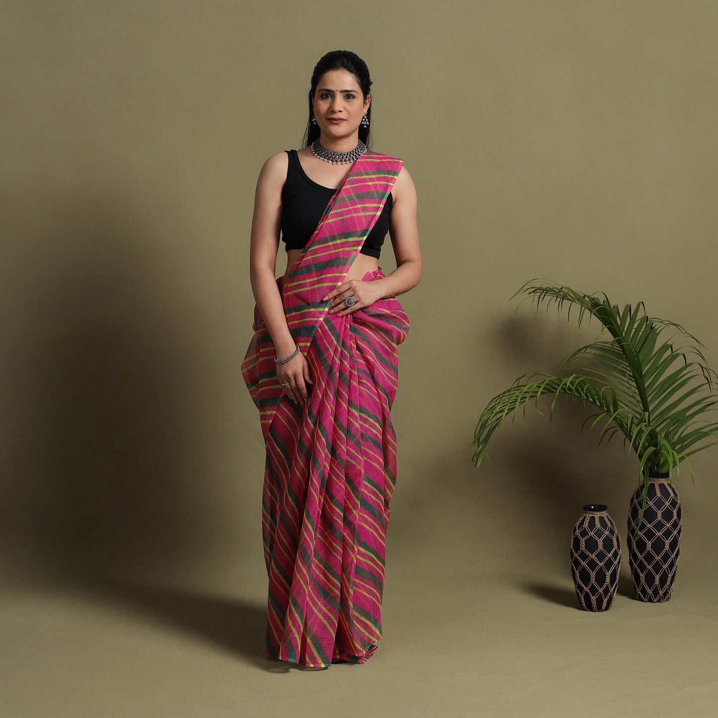  Pink Tie-Dye Kota Doria Cotton Leheriya Saree