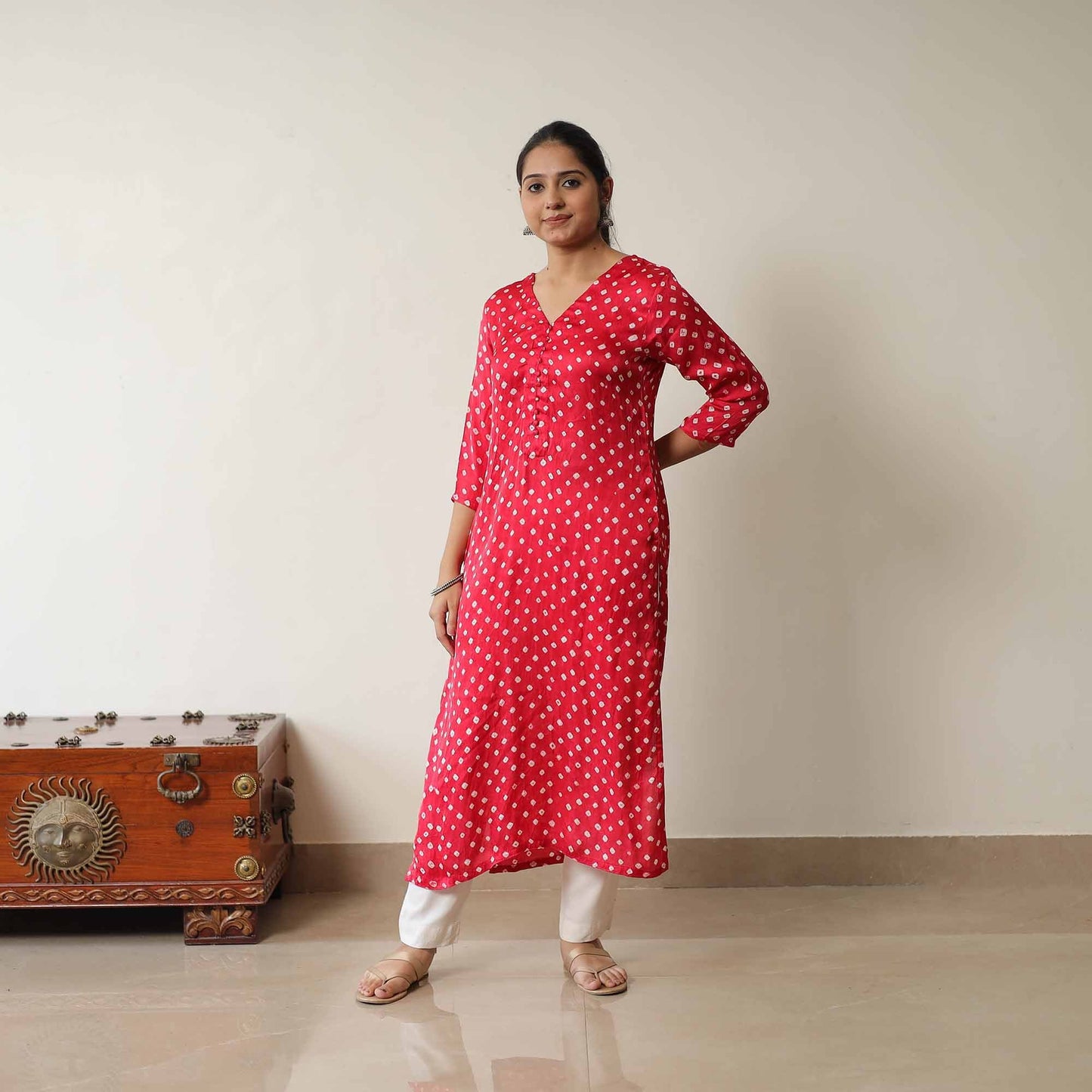 Pink - tie & dye modal silk straight bandhani kurta 07