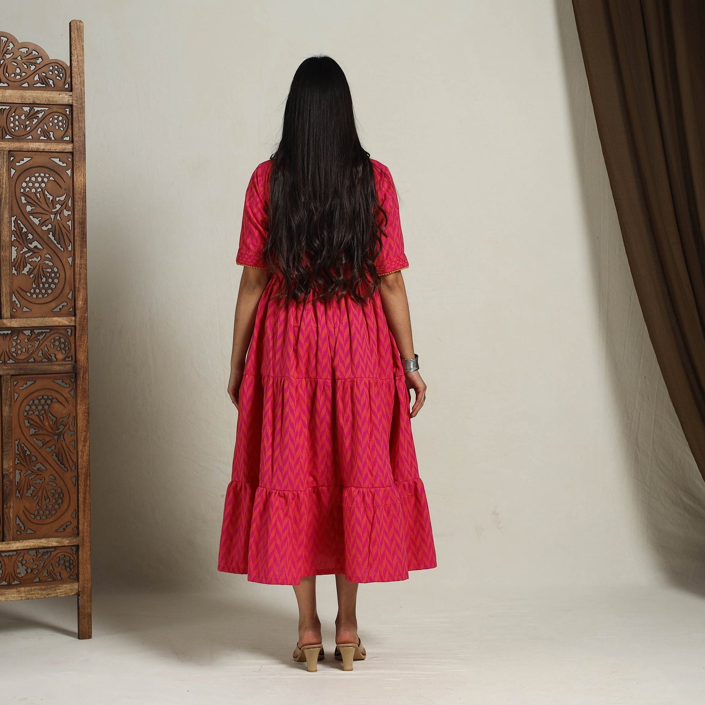  Tiered Fit & Flare Cotton Pink Jacquard Dress 