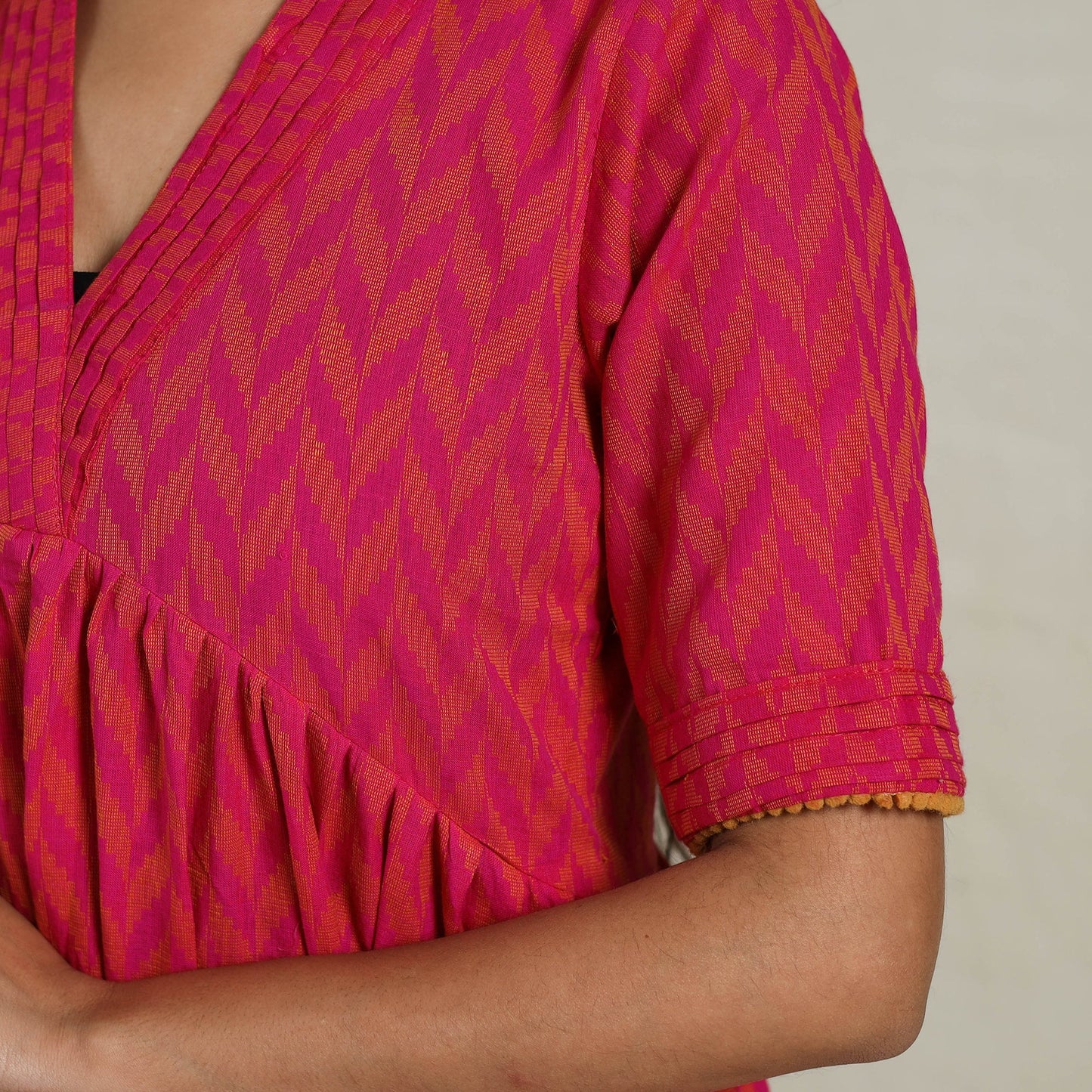  Tiered Fit & Flare Cotton Pink Jacquard Dress 