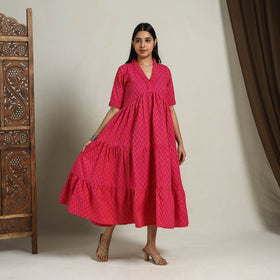  Tiered Fit & Flare Cotton Pink Jacquard Dress 