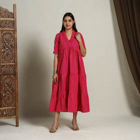 Tiered Fit & Flare Cotton Pink Jacquard Dress 