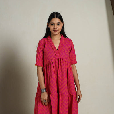  Tiered Fit & Flare Cotton Pink Jacquard Dress 