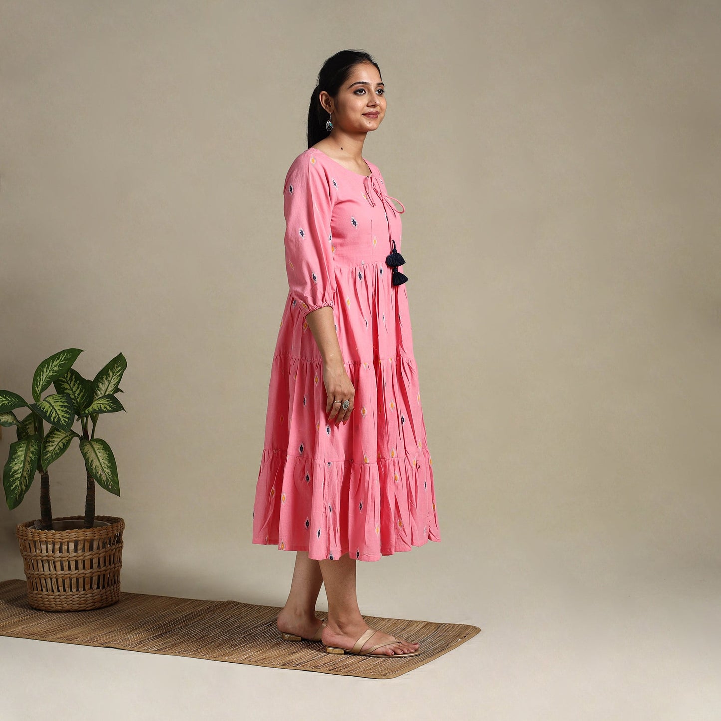 Pink Tiered Fit & Flare Cotton Green Jacquard Dress
