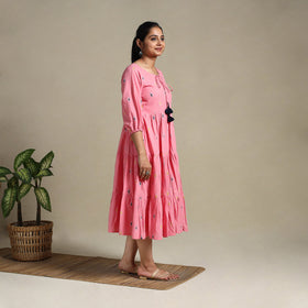 Pink Tiered Fit & Flare Cotton Green Jacquard Dress