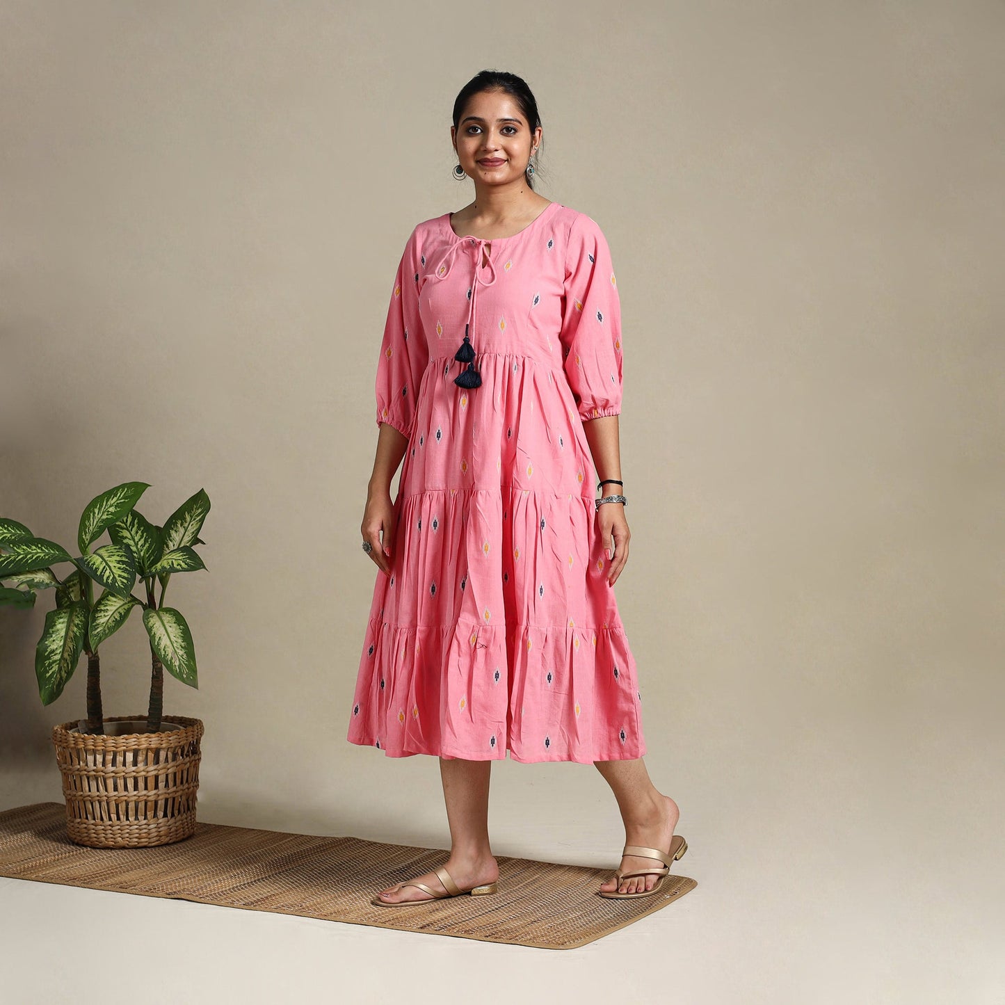Pink Tiered Fit & Flare Cotton Green Jacquard Dress