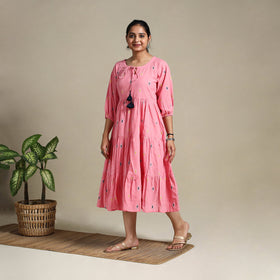 Pink Tiered Fit & Flare Cotton Green Jacquard Dress