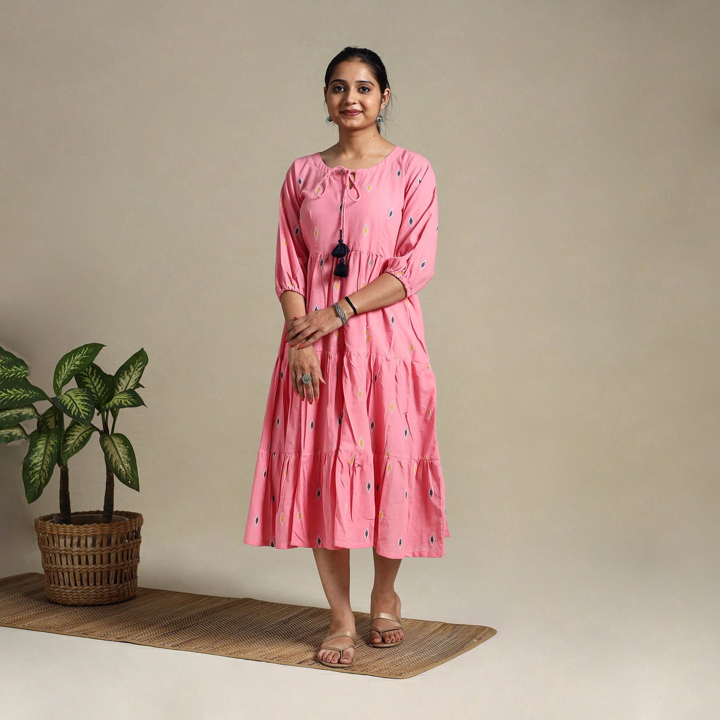 Pink Tiered Fit & Flare Cotton Green Jacquard Dress