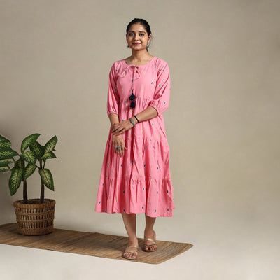Pink Tiered Fit & Flare Cotton Green Jacquard Dress