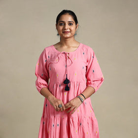 Pink Tiered Fit & Flare Cotton Green Jacquard Dress