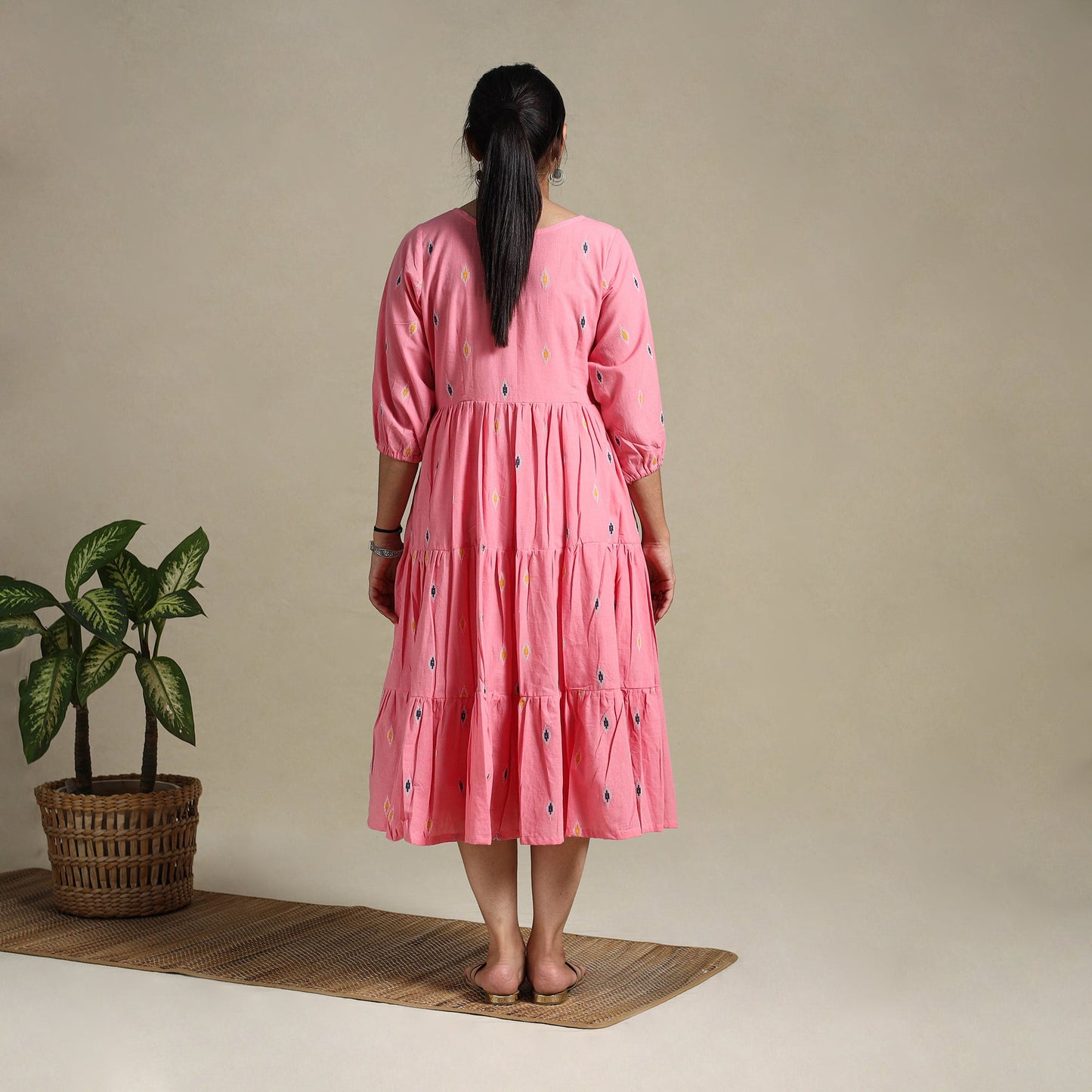 Pink Tiered Fit & Flare Cotton Green Jacquard Dress