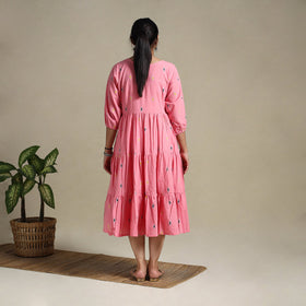 Pink Tiered Fit & Flare Cotton Green Jacquard Dress