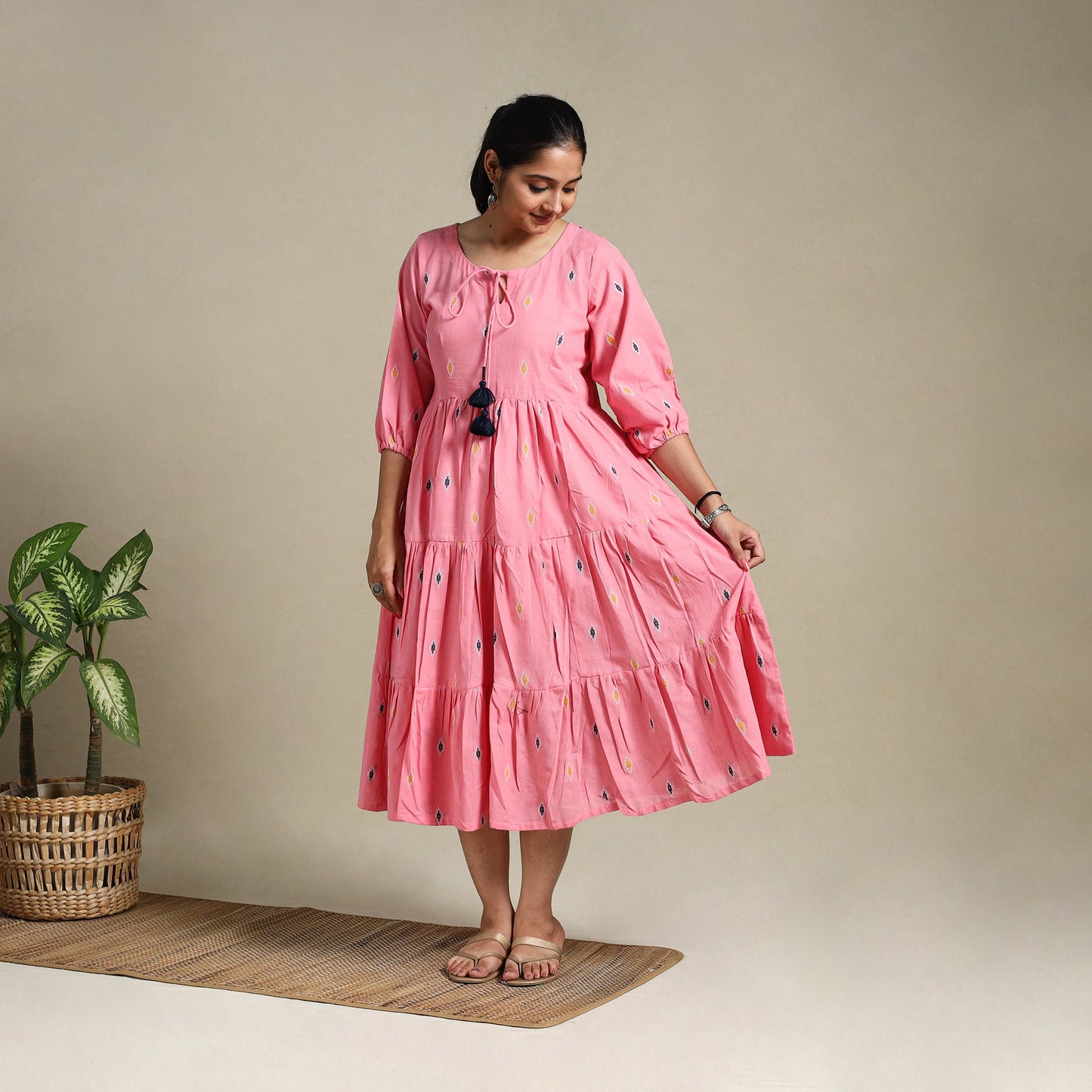 Pink Tiered Fit & Flare Cotton Green Jacquard Dress