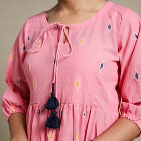 Pink Tiered Fit & Flare Cotton Green Jacquard Dress