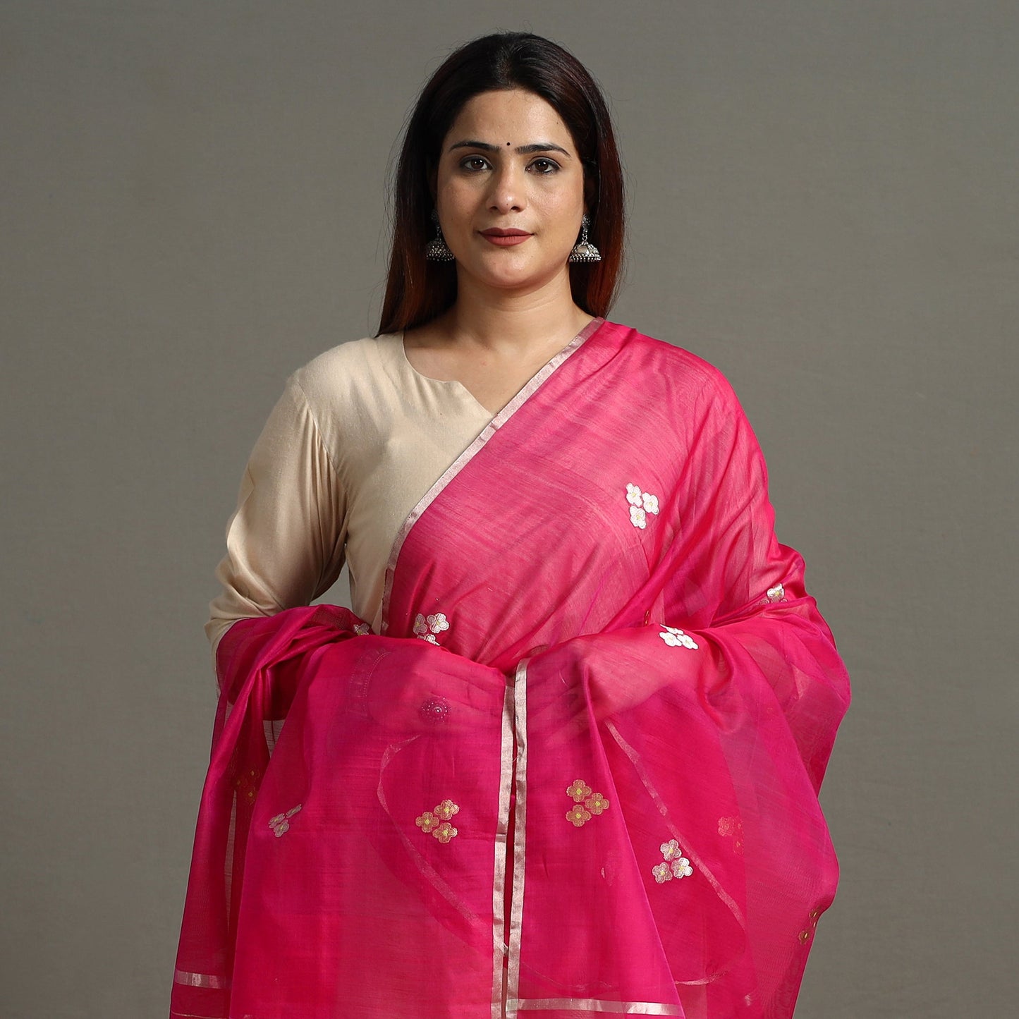  Traditional Chanderi Silk Handloom Zari Buti Dupatta with Tassels 18 