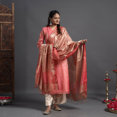  Traditional Maheshwari Tissue Zari Work Cotton Handloom Kurta with Dupatta Set Online at iTokri.com
