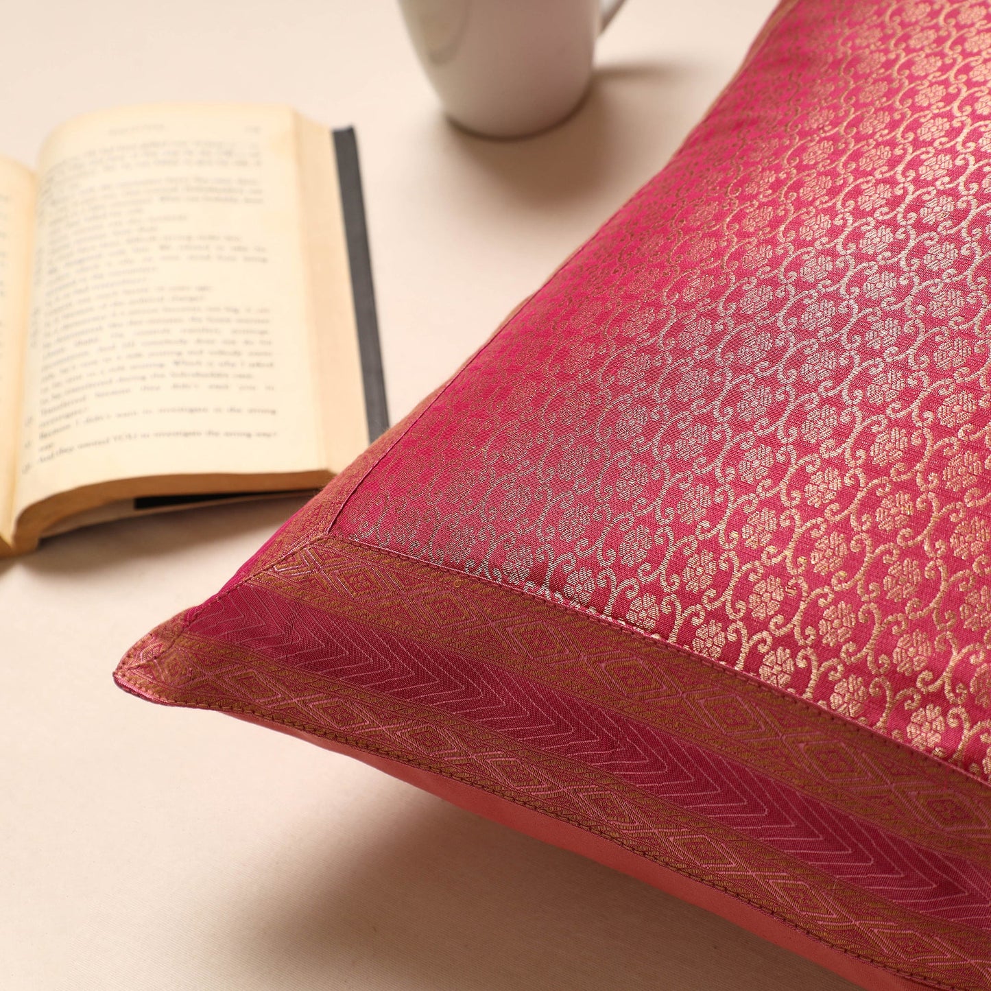 Pink Traditional Pure Banarasi Silk Handwoven Zari Cushion Cover