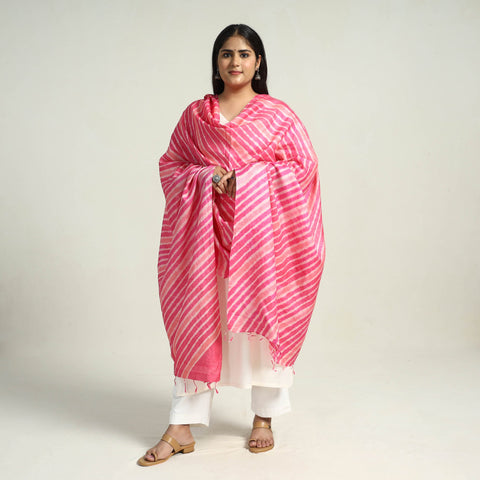 Pink Traditional Tie & Dye Tussar Silk Leheriya Dupatta