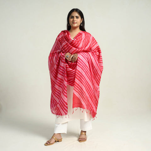 Pink Traditional Tie & Dye Tussar Silk Leheriya Dupatta