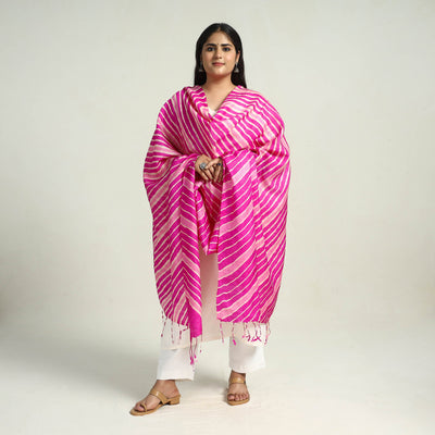 Pink Traditional Tie & Dye Tussar Silk Leheriya Dupatta