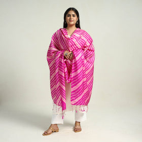 Pink Traditional Tie & Dye Tussar Silk Leheriya Dupatta