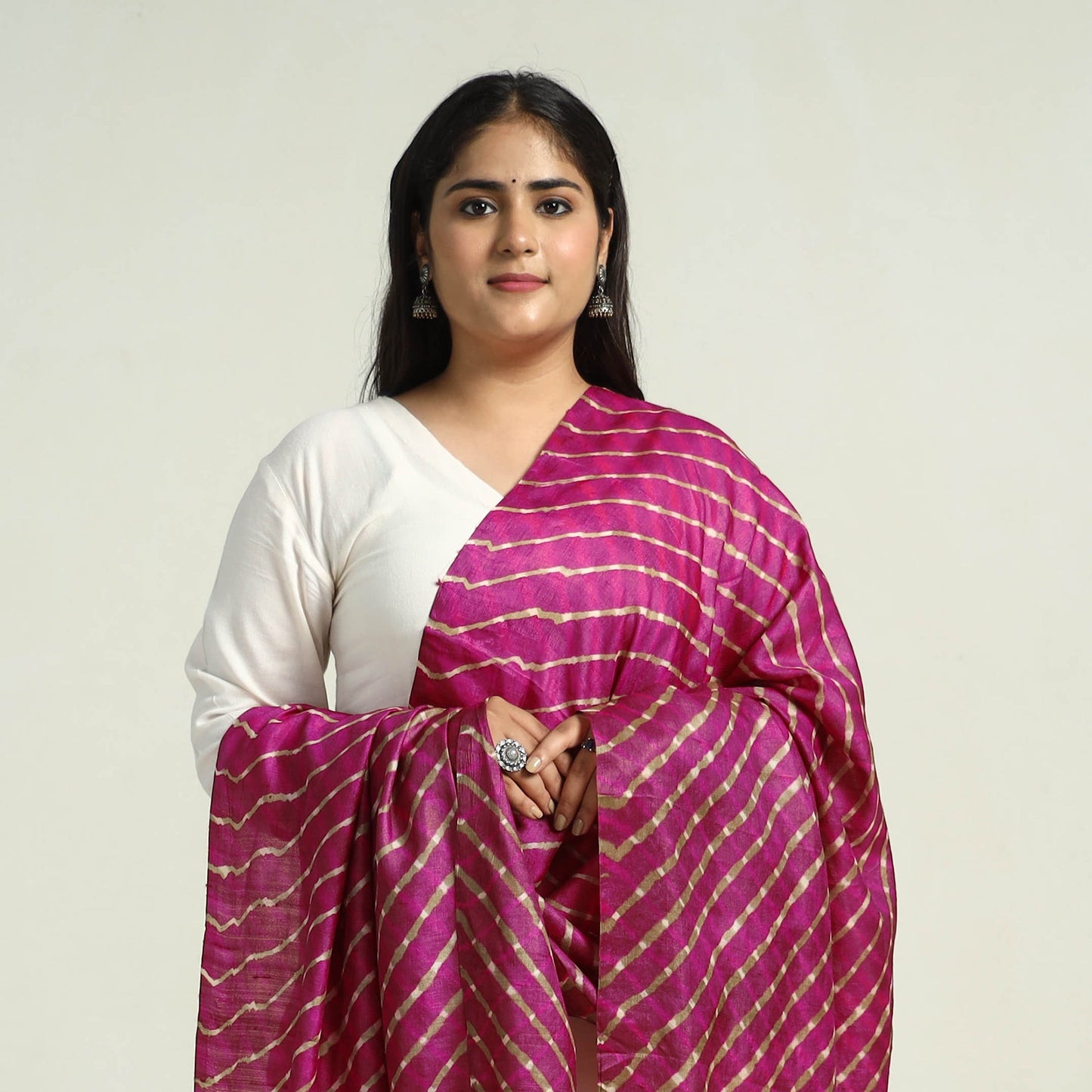 Pink Traditional Tie & Dye Tussar Silk Leheriya Dupatta