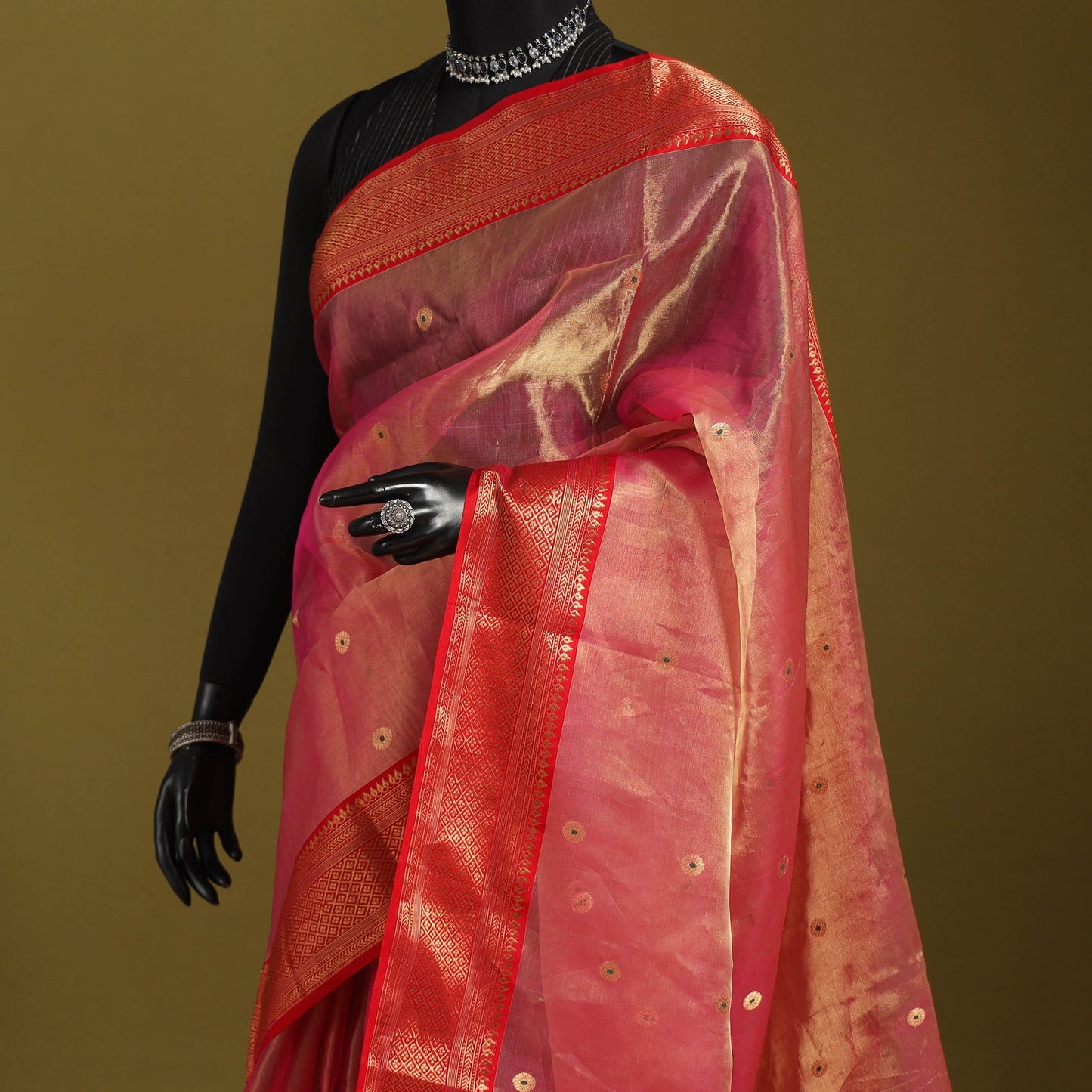 Pink - traditional tissue zari handloom buti katan chanderi