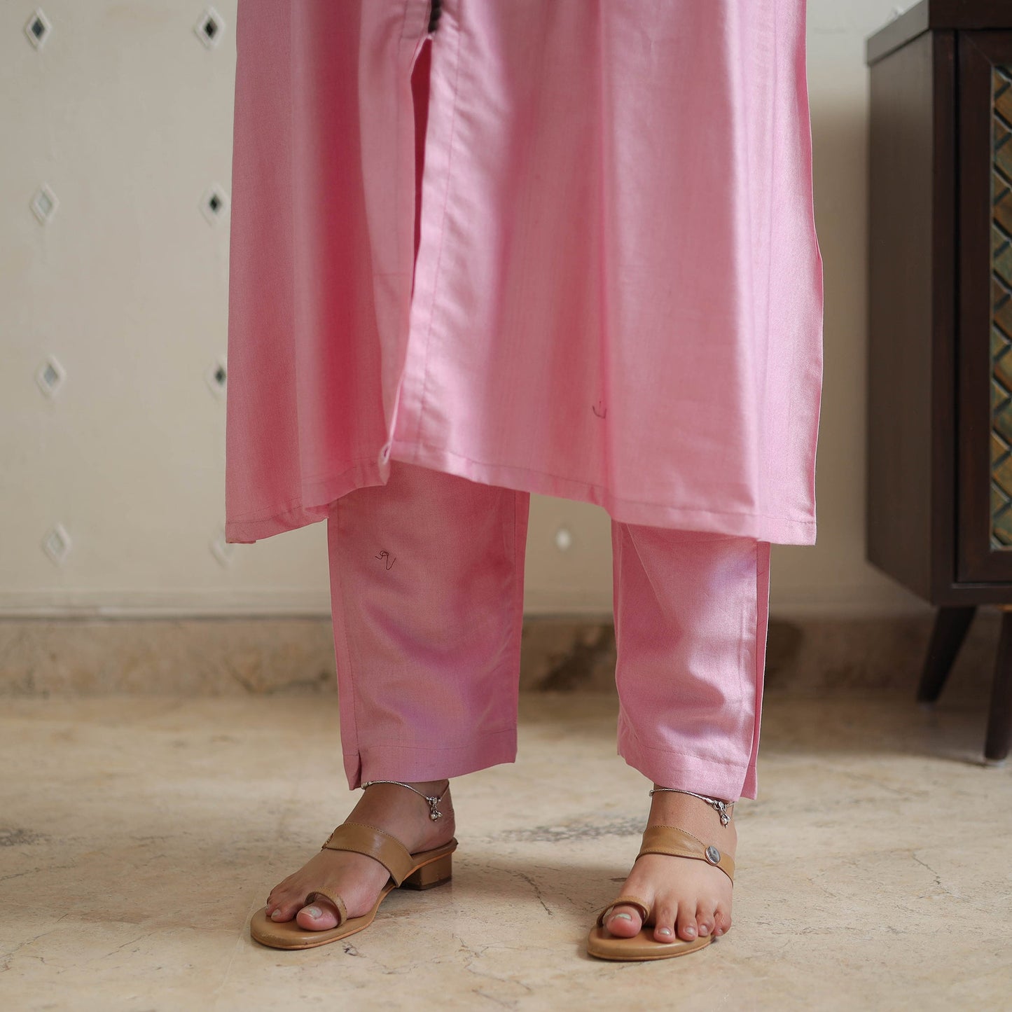 Pink - tussar silk cotton handloom plain kurta set 15