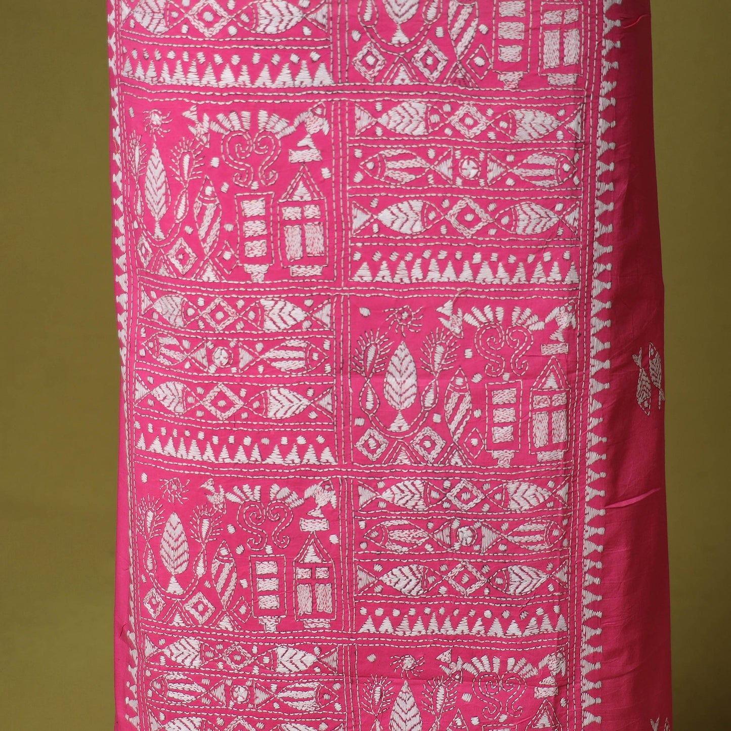 Pink - unstitched cotton bengal kantha handwork kurta