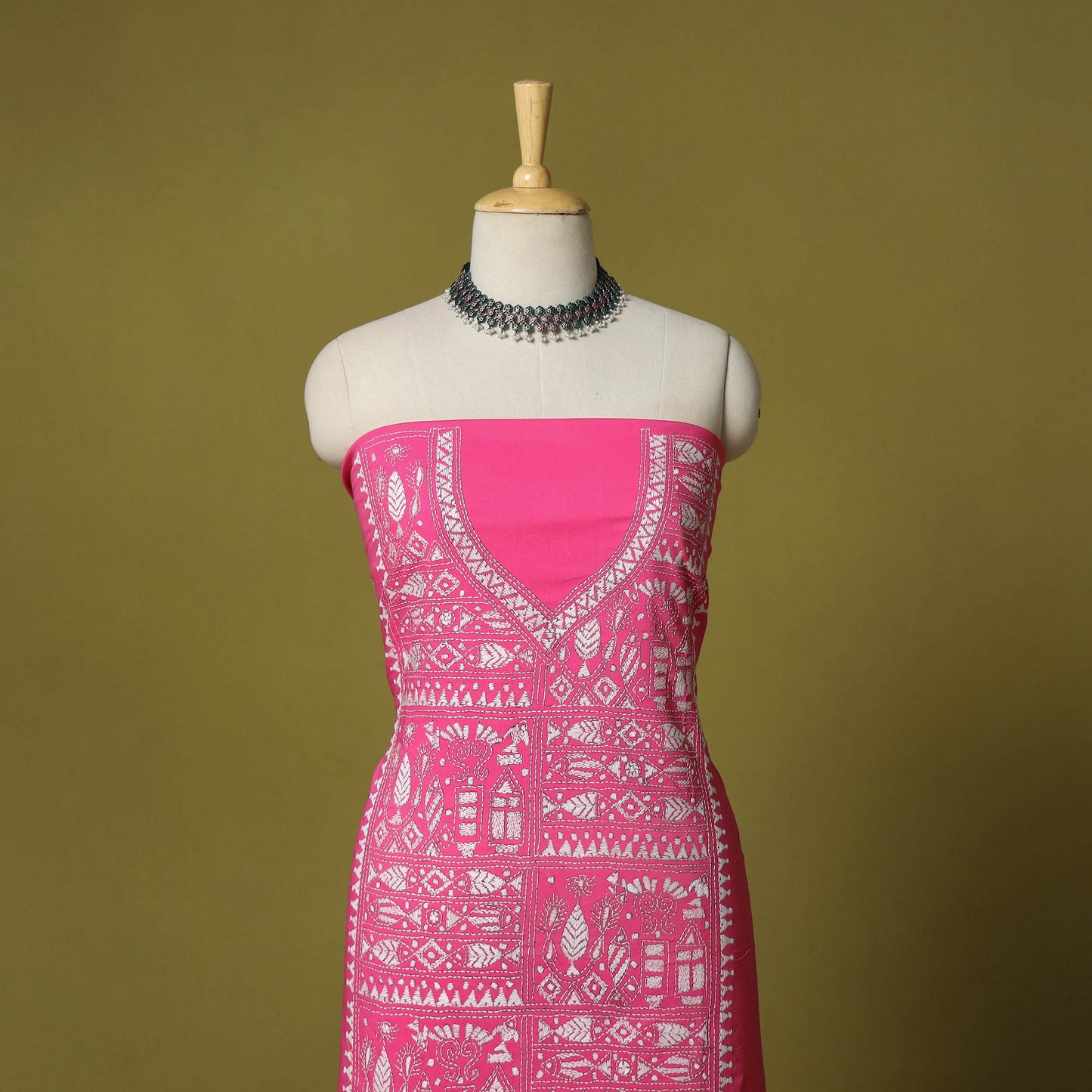 Pink - unstitched cotton bengal kantha handwork kurta