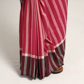  Pink, White & Black Stipe Cotton Saree with Floral Extra Weft 