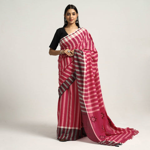  Pink, White & Black Stipe Cotton Saree with Floral Extra Weft 