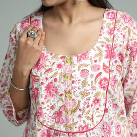 White - Sanganeri Block Printed Cotton A-Line Kurta