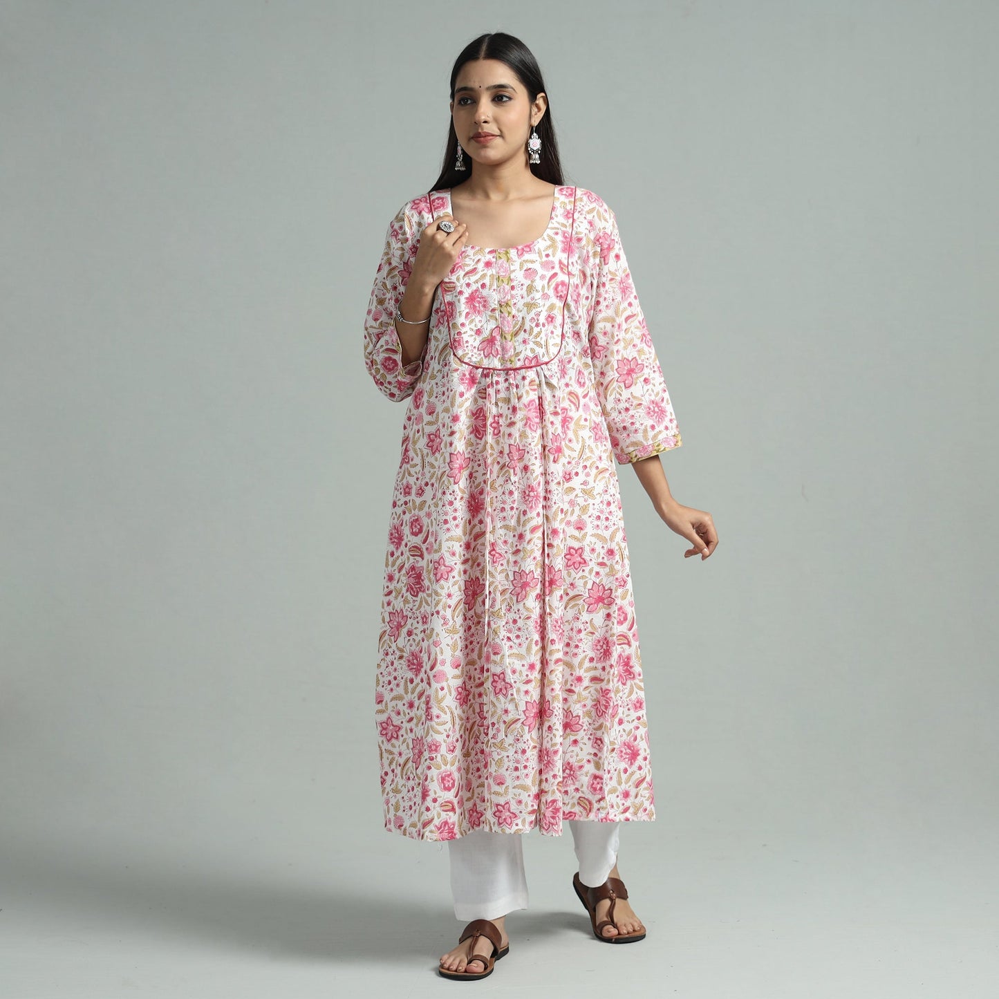 White - Sanganeri Block Printed Cotton A-Line Kurta