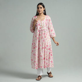 White - Sanganeri Block Printed Cotton A-Line Kurta