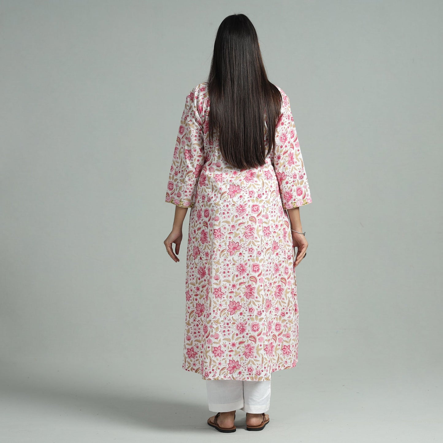 White - Sanganeri Block Printed Cotton A-Line Kurta