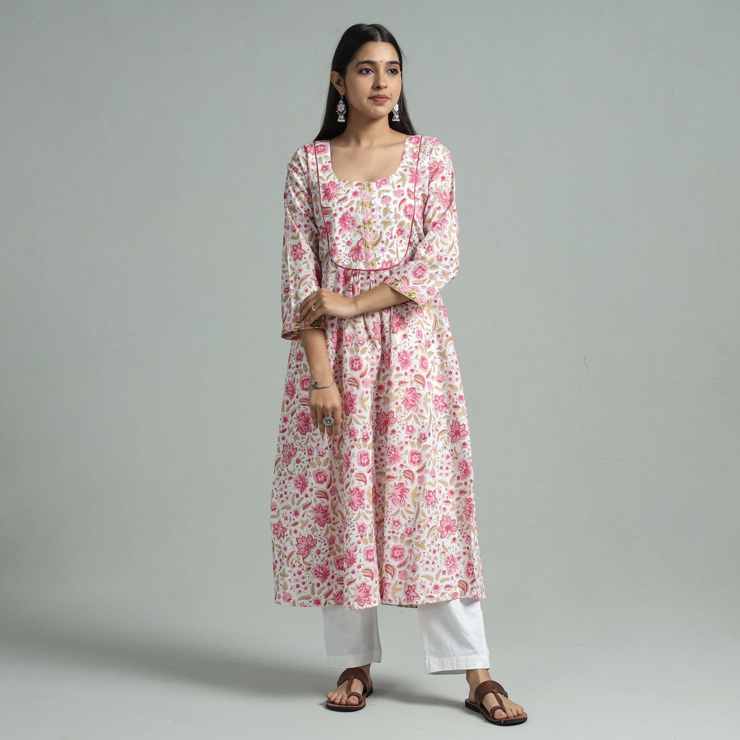 White - Sanganeri Block Printed Cotton A-Line Kurta