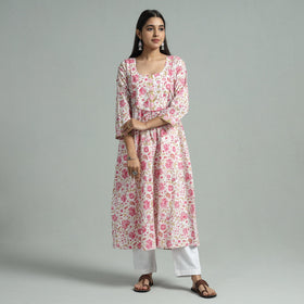 White - Sanganeri Block Printed Cotton A-Line Kurta