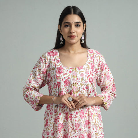 White - Sanganeri Block Printed Cotton A-Line Kurta