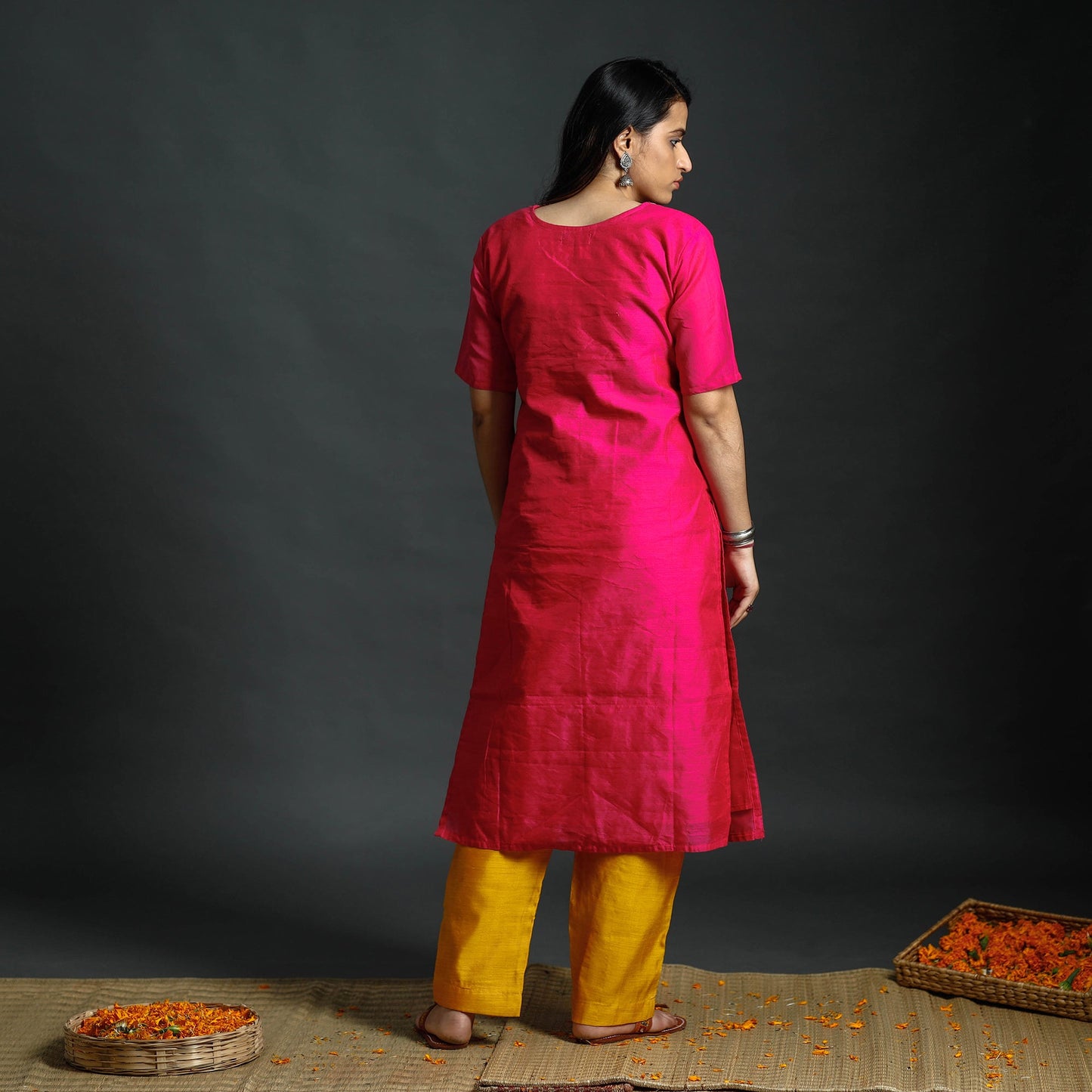 Pink & yellow phulia jamdani handloom silk cotton kurta
