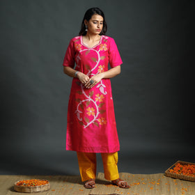 Pink & yellow phulia jamdani handloom silk cotton kurta